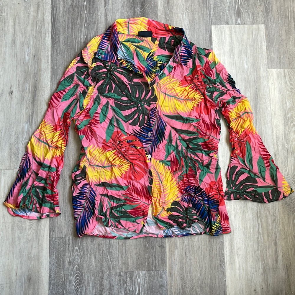 Krista Horton VICI Palm Floral Bell Sleeve Blouse SZ Medium